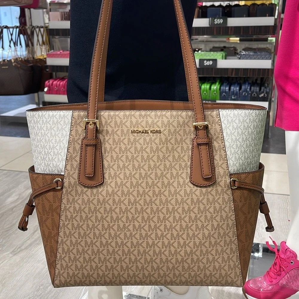 Michael Kors Voyager Large Color-Block Signature Logo Tote Bag Camel Multi  NWT